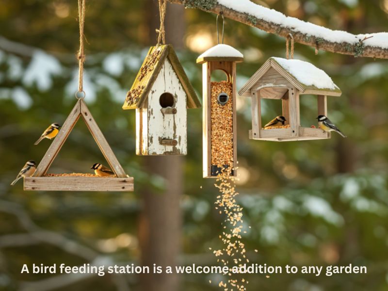 four bird feeders hanging from a snow laden tree branch and being visited by great tits
