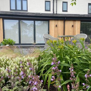 view of new living room extension across mature herbaceous planting