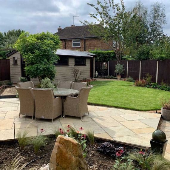 garden in Great Bentley with patio and workshop