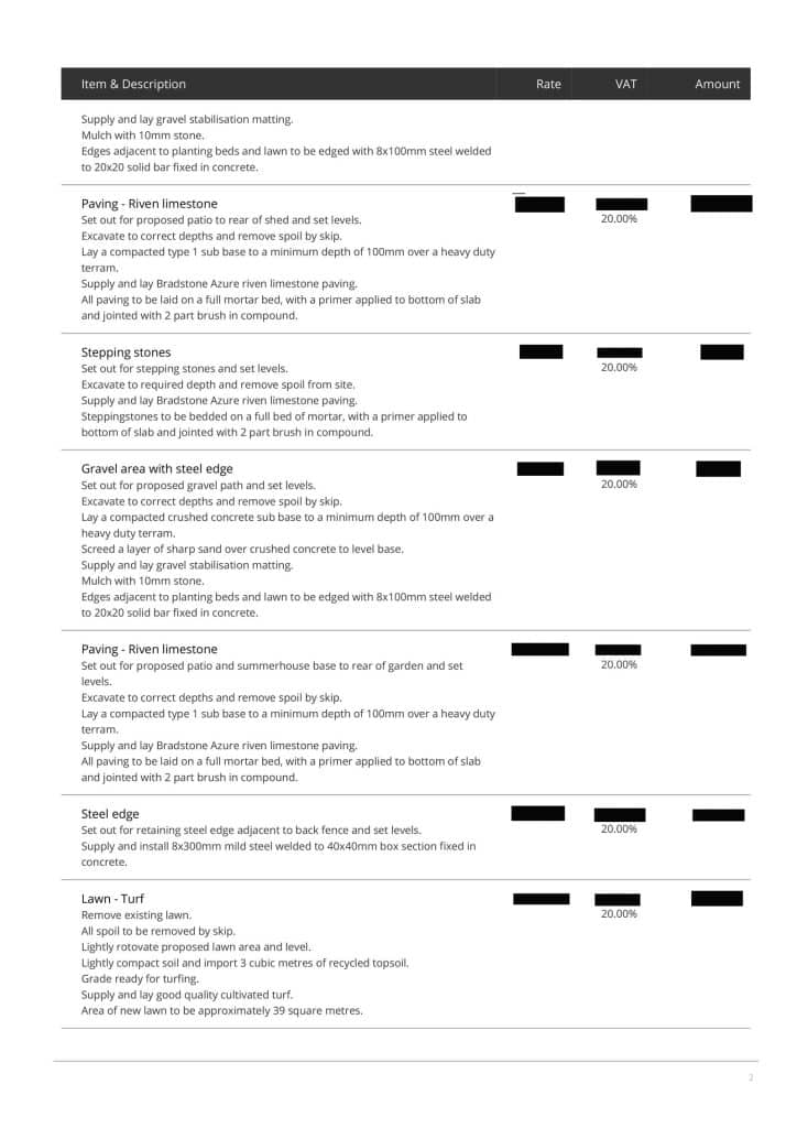 page 2 of 3 of a typical landscaping quote