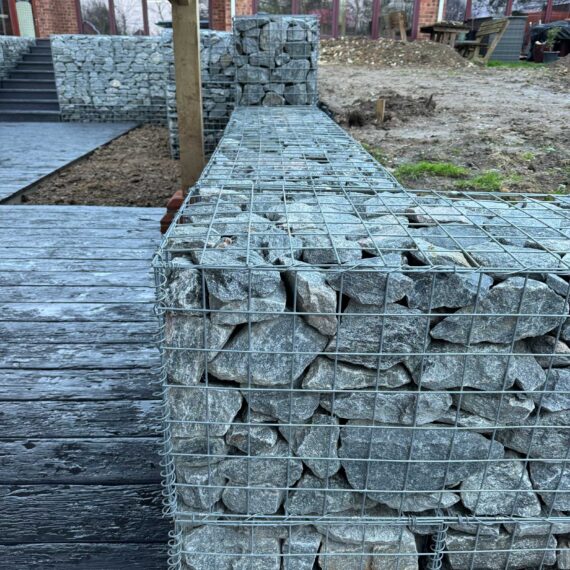 detail of gabion wall filled with chunky landscaping stones